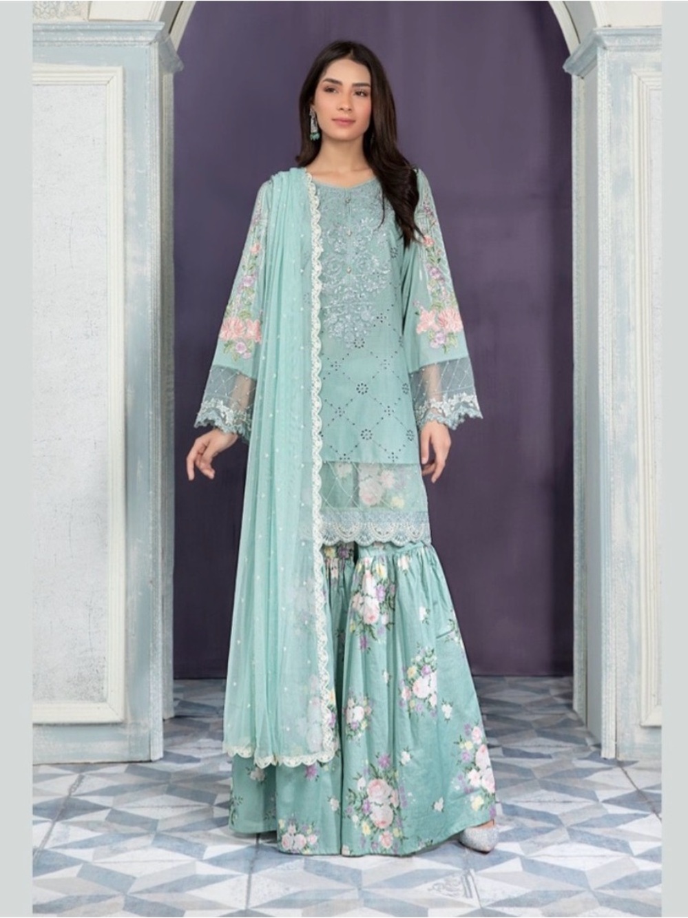 Maria B Luxury Embroidered 3 Piece Set Mint Green Salwar Kameez Suit Size [M]